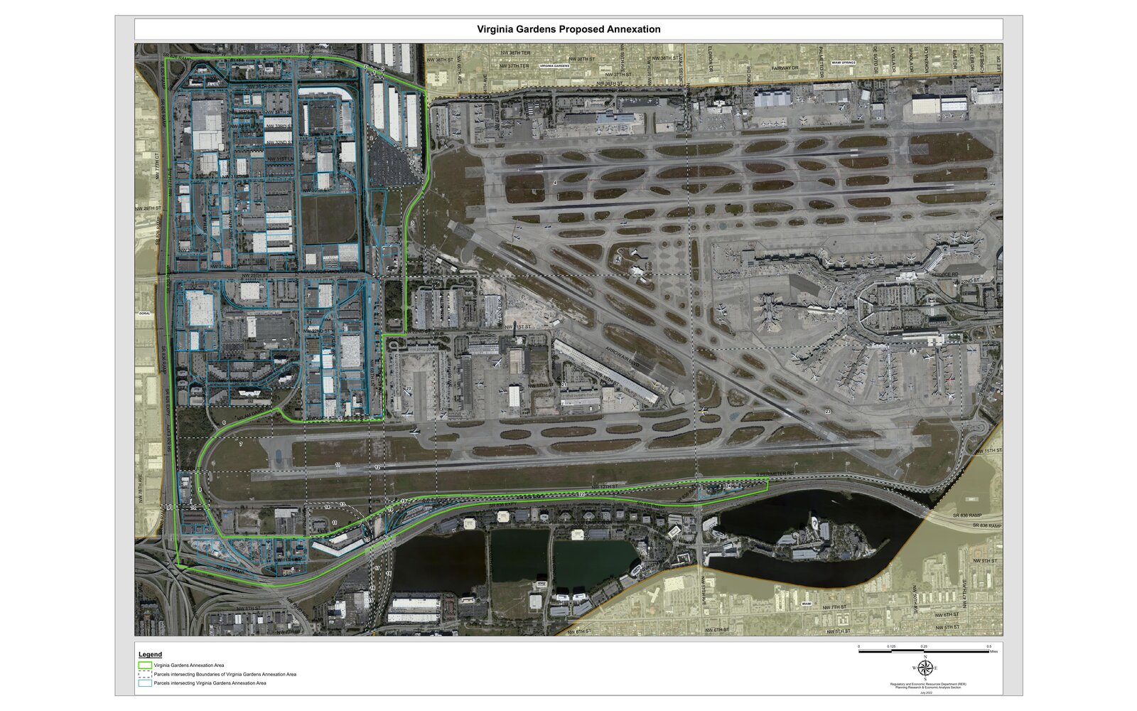 The proposed annexation area — an airport-adjacent industrial and commercial district beside Miami International Airport, with intersecting parcels highlighted. Miami-Dade County.
